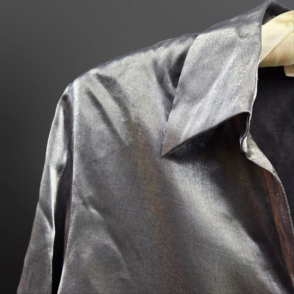 Y2K Silver Shiny Blouse Women's Size 1X Long Sleeve Button Up Metallic Top - Picture 2 of 9